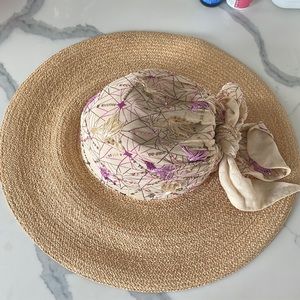 Helen Kaminski Embroidered Silk Scarf Wide Brim Raffia Sun Hat